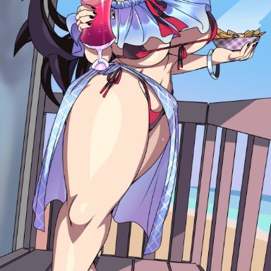 skullgirls, filia (skullgirls), captain kirb, 1girls, beach, big breasts, bikini, bikini bottom, bikini top, black nails, bracelet, breasts, clothed, clothing, curvaceous