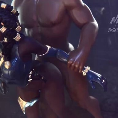 league of legends, riot games, lucian (league of legends), senna (league of legends), nithes, black hair, canon couple, couple, dark-skinned female, dark-skinned male, doggy style, fit female, fit male, glowing eyes, green eyes