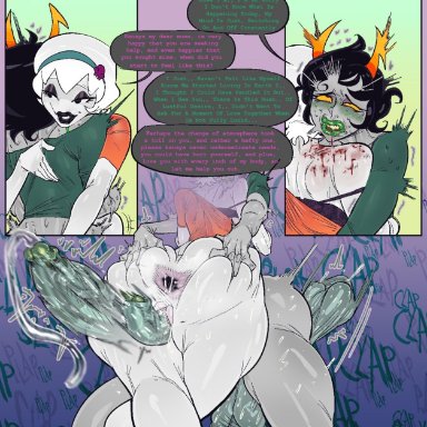 homestuck, kanaya maryam, rose lalonde, abiesnot, 1futa, 1girls, ahe gao, anus, ass, back, back view, balls, bite mark, blood, blush