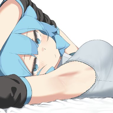 vocaloid, hatsune miku, abmayo, 1girls, angry face, armpit fetish, armpits, arms up, blue eyes, blue hair, blue nails, blush, breasts, clothed, laying down