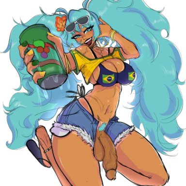 vocaloid, brazilian miku, hatsune miku, lumysticall, 1futa, ass, beverage, beverage can, big ass, big breasts, big thighs, bikini, blue eyes, blue hair, bottomless