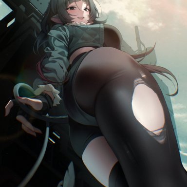 hoyoverse, mihoyo, zenless zone zero, jane doe (zenless zone zero), artist request, 1girls, ass, ass focus, asymmetrical legwear, below view, big ass, big balls, chano39 , female, female only