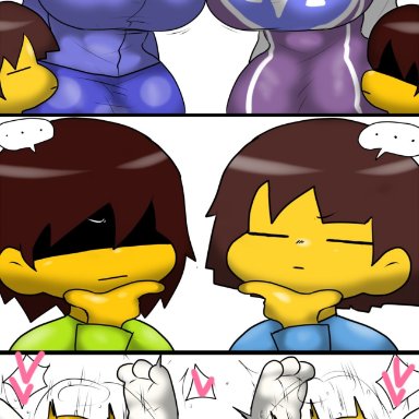 deltarune, undertale, undertale (series), frisk, kris (deltarune), toriel, enigi09, ..., balls, big breasts, blush, breasts, clothed, clothing, heart