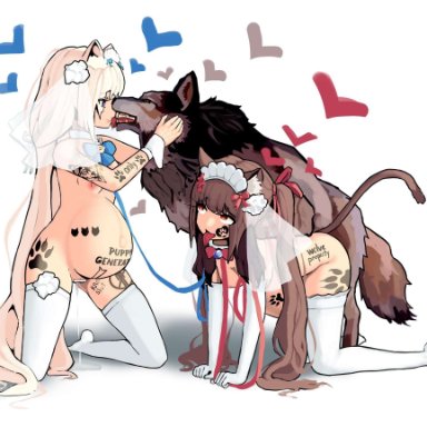 nekopara, chocola (nekopara), vanilla (nekopara), amber eyes, aukidogio, blue eyes, blue eyes female, blue leash, blue ribbon, brown ears, brown fur, brown hair, canine, canine ears, cat ears