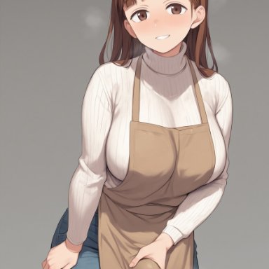 supergetthi, 1futa, apron, blush, brown eyes, brown hair, futa only, futanari, in heat, long hair, looking at viewer, pants, smile, steam, touching penis