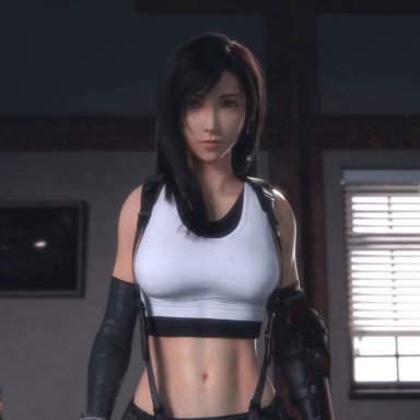 final fantasy, final fantasy vii, tifa lockhart, lvl3toaster, pixiewillow, volkor, 1girls, black miniskirt, black sleeves, black stockings, blue panties, boots, crop top, female, gloves