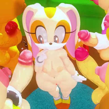 sonic (series), sonic the hedgehog (series), amy rose, cream the rabbit, rouge the bat, sally acorn, surge the tenrec, leviantan581re, 1girls, 4futas, big balls, big breasts, big penis, erect penis, erection