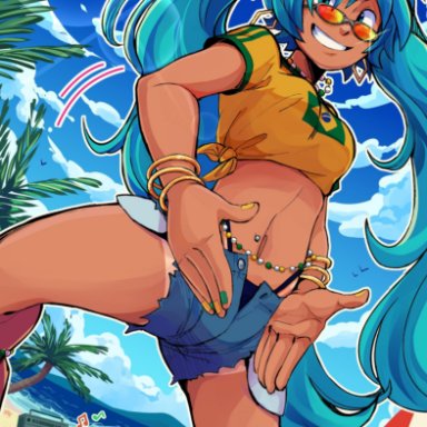 vocaloid, brazilian miku, hatsune miku, artist request, 1girls, ass, big ass, big breasts, big thighs, bikini, bikini tan, brazil, brazilian, breasts, cyan eyes