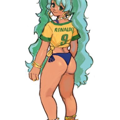 vocaloid, brazilian miku, hatsune miku, artist request, ass, bikini tan, brazil, brazilian, ronaldo, sandals, soccer, soccer uniform, thick legs, tagme