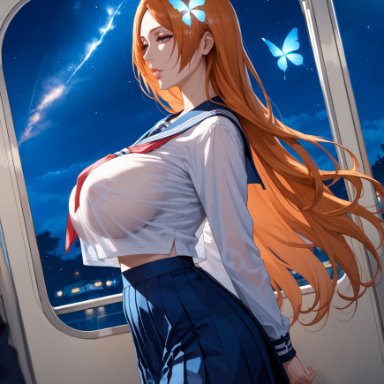 bleach, inoue orihime, alex-schura, 1girls, arms behind back, bangs, blue eyes, blue sailor collar, blue skirt, breasts, bug, butterfly, butterfly hair ornament, clothing, crop top