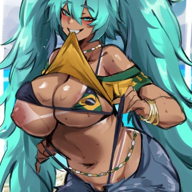 vocaloid, brazilian miku, hatsune miku, kurenaiz1, 1girls, areola, ass, big areola, big ass, big breasts, big nipples, big thighs, blush, breasts, butt