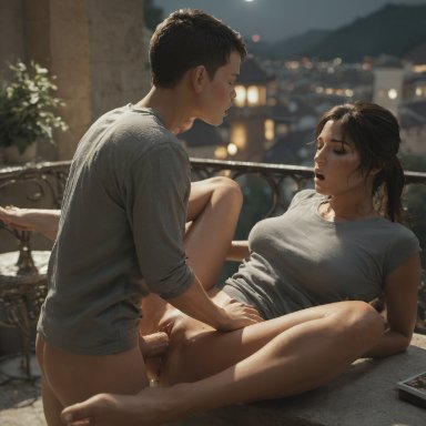 tomb raider, lara croft, rtxfus, 1boy, 1girls, age difference, balcony, missionary position, orgasm, public, spread legs, young, younger male, younger penetrating older, ai generated