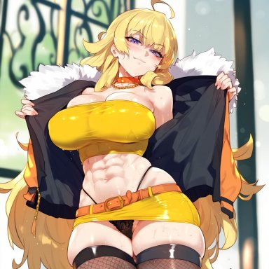 rwby, yang xiao long, 1girls, abs, ai generated, blonde hair, crop top, female, female only, fishnet legwear, fishnets, fur jacket, long hair, microskirt, muscular female