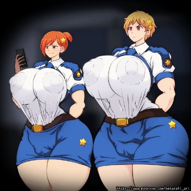 hataraki ari, 2girls, big breasts, big penis, breasts, cop, female, female focus, female only, huge breasts, large breasts, massive breasts, multiple girls, penis growth, police