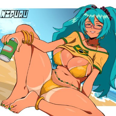 vocaloid, brazilian miku, hatsune miku, nipuru studio, 1girls, alternate age, ass, barefoot, big ass, big breasts, big thighs, bikini, brazil, brazilian, breasts