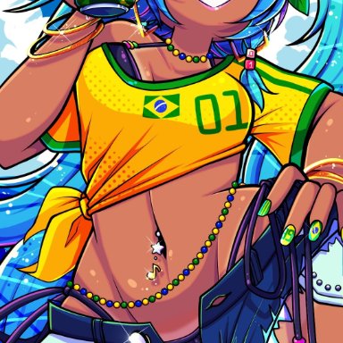 guarana antarctica, vocaloid, brazilian miku, hatsune miku, calytakim, aqua hair, beads, bikini, bikini under clothes, black bikini, blue shorts, bracelet, brazilian flag, brazilian flag print, breasts