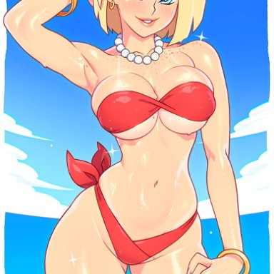 dragon ball, dragon ball z, android 18, kajinman, 1girls, bare arms, bare legs, bare shoulders, bare thighs, big breasts, bikini, bikini bottom, bikini top, blonde hair, blue eyes