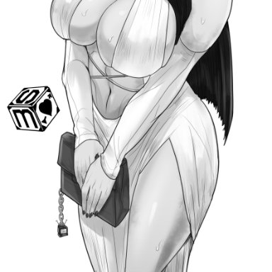 the ring, yamamura sadako, sekushimagik, 1girls, bag, bare shoulders, black hair, breasts, breasts out, charm, cleavage, colored skin, curvy female, curvy hips, dress