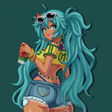 vocaloid, brazilian miku, hatsune miku, waifupixelart, 1girls, ass, ass focus, ass shake, audible music, big ass, big breasts, big thighs, breasts, cyan eyes, cyan hair