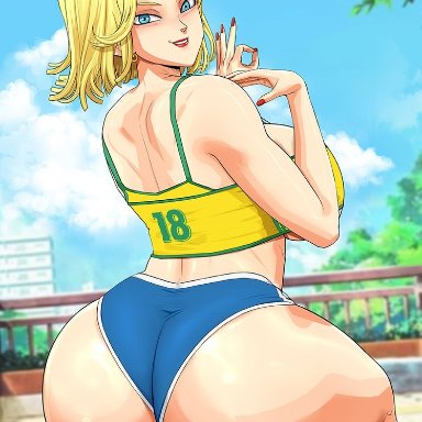 dragon ball, dragon ball z, android 18, krabby (artist), 1girls, android, android girl, ass, big ass, big breasts, big thighs, blonde hair, blue eyes, brazilian, breasts