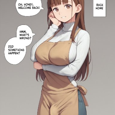 supergetthi, 1futa, apron, brown eyes, brown hair, bulge, bulge through clothing, futa only, futanari, long hair, looking at viewer, smile, solo focus, turtleneck, ai generated