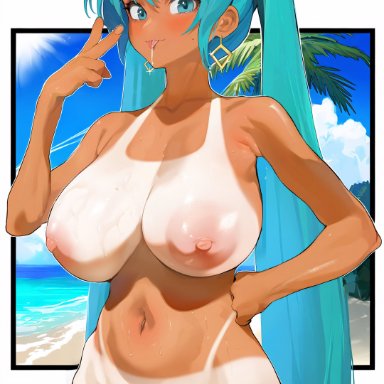 vocaloid, brazilian miku, hatsune miku, aqua eyes, aqua hair, breasts, completely nude, covered nipples, earrings, female, flower, hair between eyes, hair flower, hair ornament, hand on own hip