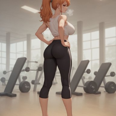 one piece, nami, conniexx, 1girls, ass, black yoga pants, female, female only, gym, hands on hips, large breasts, looking at viewer, sports bra, steam, thighs