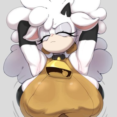 sega, sonic (series), sonic the hedgehog (series), lanolin the sheep, mobian (species), mekaatomic, 1girl, anthro, armpits, big breasts, black horns, breasts, closed eyes, collar, cow bell