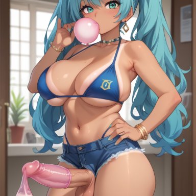 vocaloid, brazilian miku, hatsune miku, miss io, 1futa, areola, ass, beach, big areola, big ass, big breasts, big nipples, big thighs, bikini, bikini top