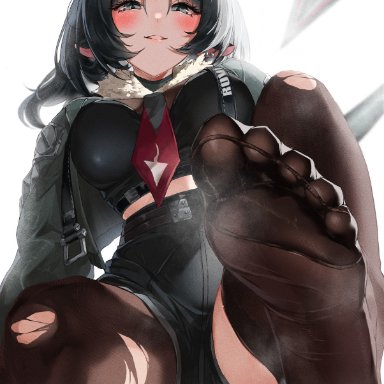 zenless zone zero, jane doe (zenless zone zero), black eyes, black hair, blush, feet, female, garter straps, long hair, looking at viewer, looking down, looking down at viewer, parted lips, see-through, see-through legwear