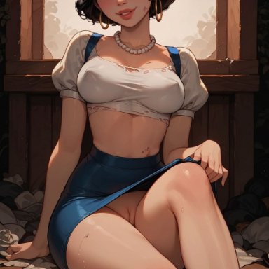 disney, disney princess, snow white and the seven dwarfs, snow white (disney), 1girls, black hair, blue eyes, female only, hairbow, hoop earrings, looking at viewer, no panties, pearl necklace, pussy, short hair