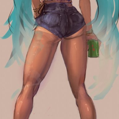 vocaloid, brazilian miku, hatsune miku, inbash, ass, ass focus, blue hair, guarana, holding can, holding object, shorts, soda can, tan body, tan lines, tagme