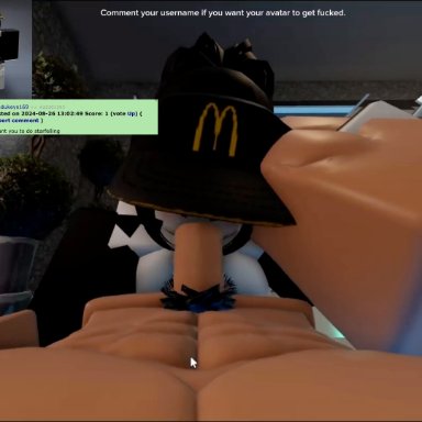 mcdonald's, roblox, roblox studio, roblox avatar, robloxian, big breasts, big butt, big penis, black eyes, black hair, pale skin, pale-skinned female, penetration, sex, sex from behind