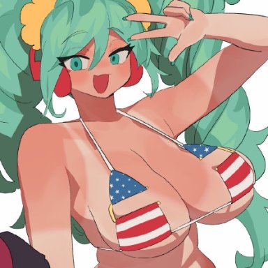 vocaloid, brazilian miku, hatsune miku, ryusei hashida, 1girls, american flag bikini, bikini, breasts, cleavage, female, female only, large breasts, looking at viewer, solo, tan body