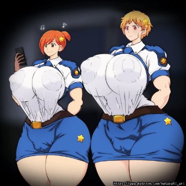 hataraki ari, 2girls, belly expansion, big breasts, breast expansion, breasts, cop, female, female focus, female only, huge breasts, large breasts, massive breasts, multiple girls, police