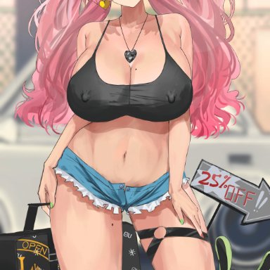 zenless zone zero, nicole demara, nuo (fttv3255), 1girls, big breasts, black camisole, blue shorts, blush, bottomwear, breasts, briefcase, camisole, cleavage, ear piercing, earrings