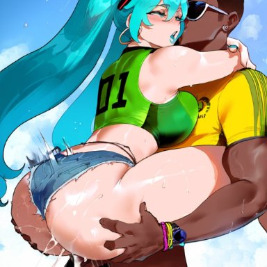 vocaloid, brazilian miku, hatsune miku, evilkuro05, beach sex, dark-skinned male, lifting person, rio de janeiro, soccer jersey, ai generated