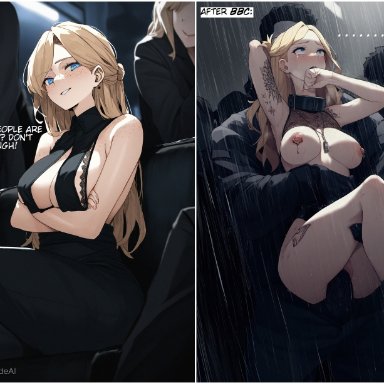 moonbrideai, before and after, black dress, blonde hair, blue eyes, broken rape victim, carrying partner, carrying position, collar, crossed arms, dark-skinned male, defeated, half updo, interracial, mind break