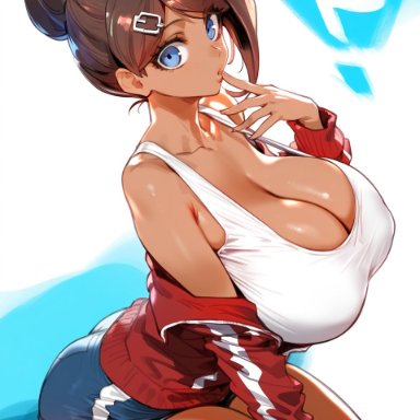 danganronpa, danganronpa: trigger happy havoc, asahina aoi, ?, 1girls, arched back, bimbo, blue eyes, breasts, brown hair, cleavage, clueless, confused, confusion, dark skin