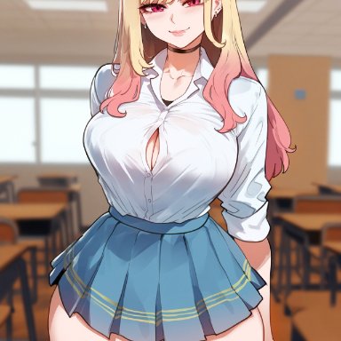 sono bisque doll wa koi wo suru, kitagawa marin, miyuai, 1girls, bangs, black choker, blonde hair, blue skirt, blurry, blush, breasts, button gap, chair, chalkboard, choker