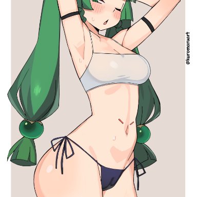 zenless zone zero, qingyi (zenless zone zero), kuromaruart, 1girls, breasts, cleavage, female, female only, green eyes, green hair, looking at viewer, solo, thighhighs, thighs, wide hips