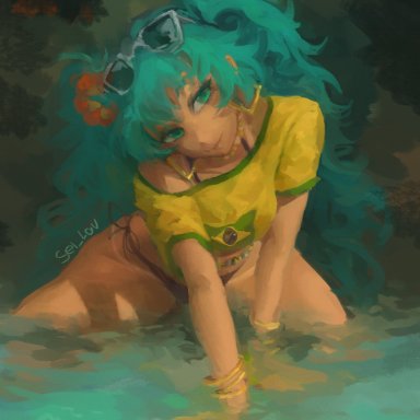 vocaloid, brazilian miku, hatsune miku, 1girls, brazil, brazilian, brazilian female, brazilian flag, seilov, swimming, tanned, thick thighs, thighs, painting (artwork), tagme