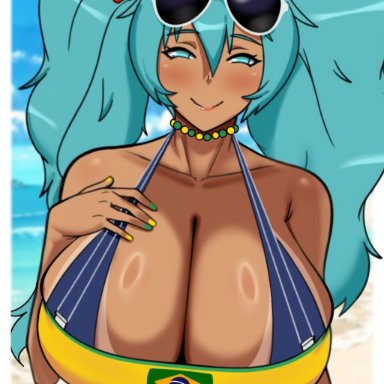 vocaloid, brazilian miku, hatsune miku, coldarsenal, 1girls, ass, big ass, big breasts, big thighs, bikini, breasts, butt, cyan eyes, cyan hair, female