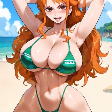 one piece, shounen jump, nami, nami (one piece), amiral ai, 1girls, bare arms, bare legs, bare shoulders, bare thighs, big breasts, bikini, bikini bottom, bikini top, blush