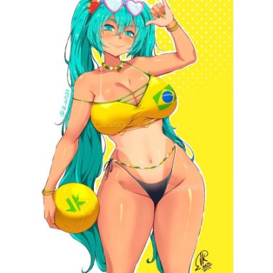 vocaloid, brazilian miku, hatsune miku, jk arts07, athletic female, bare legs, bikini, bikini top, blue eyes, blue hair, brazilian flag, flower in hair, gigantic breasts, huge breasts, huge thighs