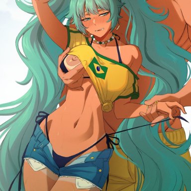 vocaloid, brazilian miku, hatsune miku, aboart, aboleuk, 1boy, 1girls, areolae, brazilian, brazilian flag, breast grab, breasts, cyan eyes, cyan hair, dubious consent