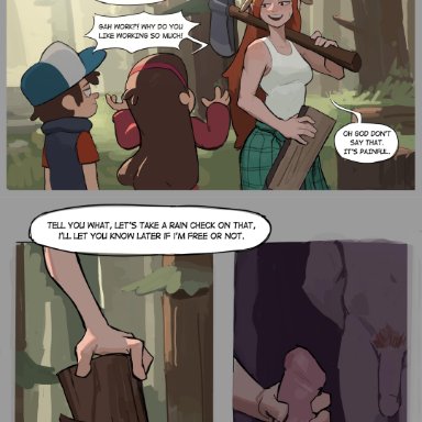 gravity falls, dipper pines, mabel pines, wendy corduroy, amugea, 1girls, 3boys, blush, gravity fall, on the phone, phone, undressing, comic