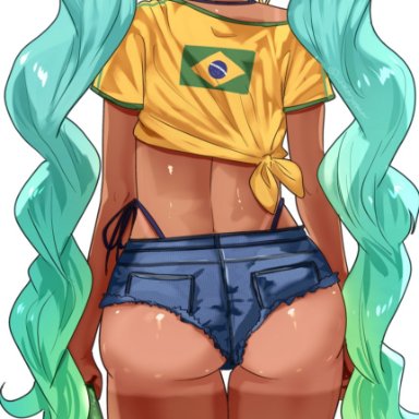 guarana antarctica, vocaloid, brazilian miku, hatsune miku, uenoryoma, 1girls, ass, ass cheeks, asscheeks, back view, big ass, big thighs, blue hair, blue string bikini, booty shorts