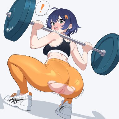 zenless zone zero, belle (zenless zone zero), maidcousin, !, ahoge, ass, barbell, bare shoulders, black sports bra, blue hair, blush, breasts, earrings, exercising, female