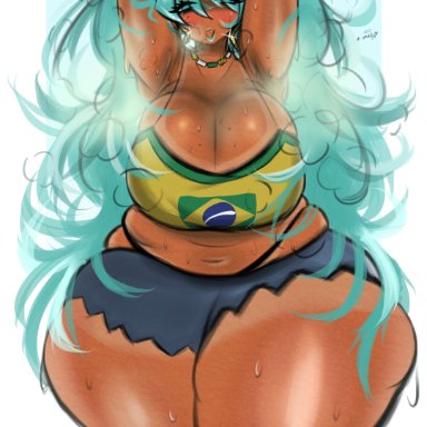 vocaloid, brazilian miku, hatsune miku, lumi xiii, 1girls, armpit fetish, armpits, arms behind back, arms behind head, arms up, ass, big ass, big breasts, big thighs, blue lipstick